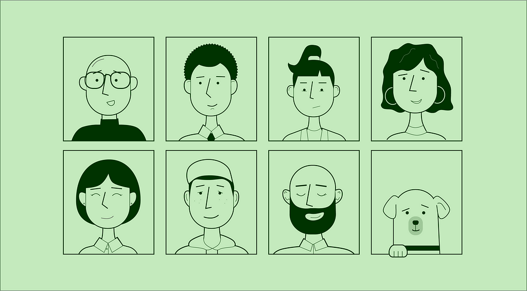 A graphic of 8 different faces on a pale green background