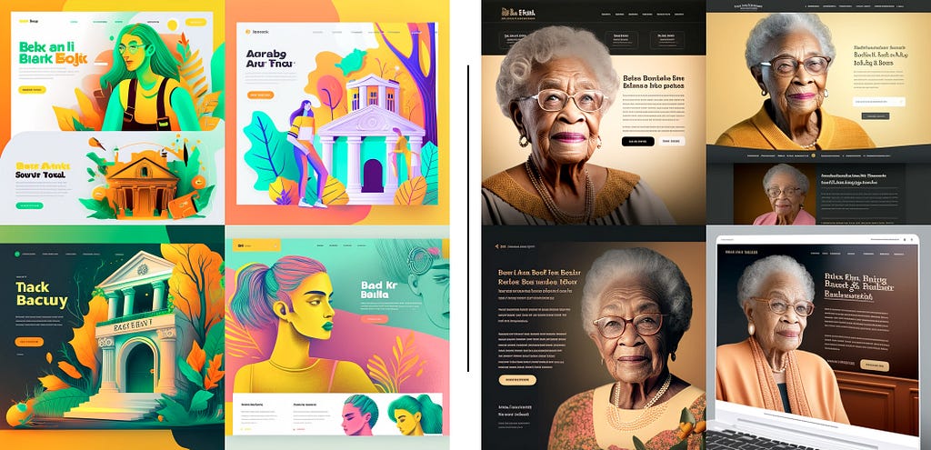 Webpage mockups created in Midjourney. The left half of the image shows 4 brightly coloured page designs with illustrations of young adults. The right half depicts 4 page designs using warm, muted colours and featuring photography an older woman of colour.