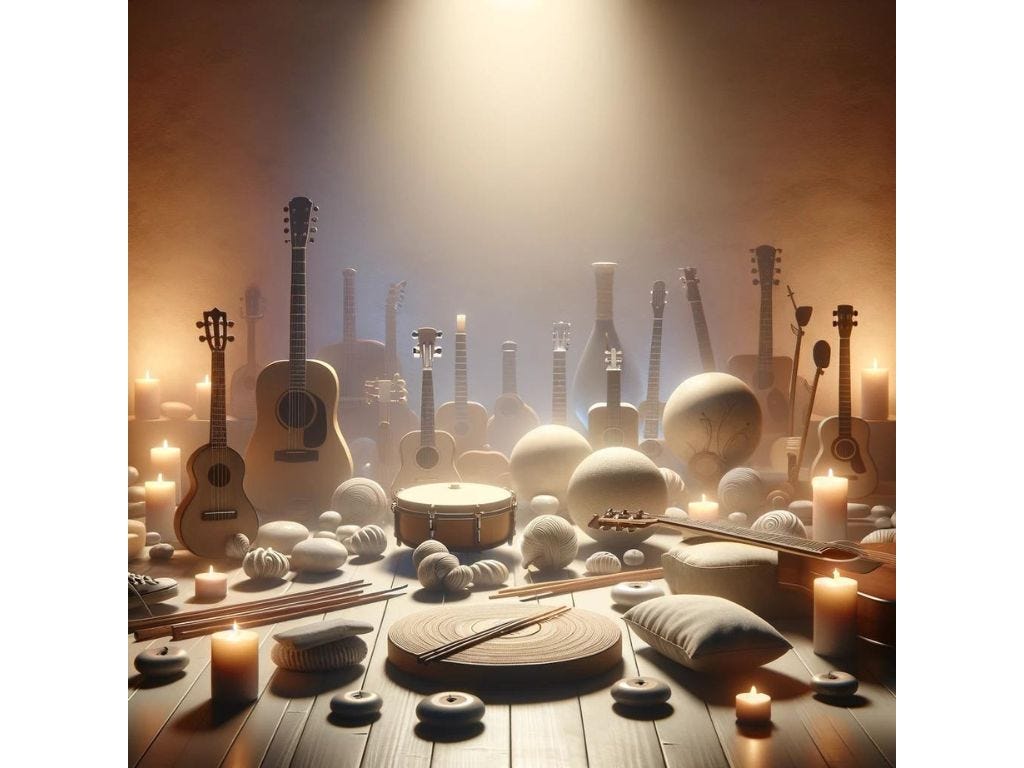 The image captures a tranquil and soothing environment, where various musical instruments are bathed in soft, ambient lighting, creating a peaceful atmosphere for relaxation and mindfulness, emphasizing the role of music in fostering serenity.