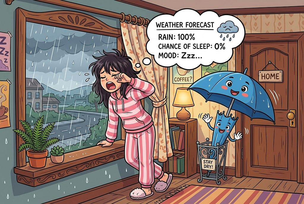 Cartoon person looking out window predicting rain with little thought clouds showing percentage probabilities