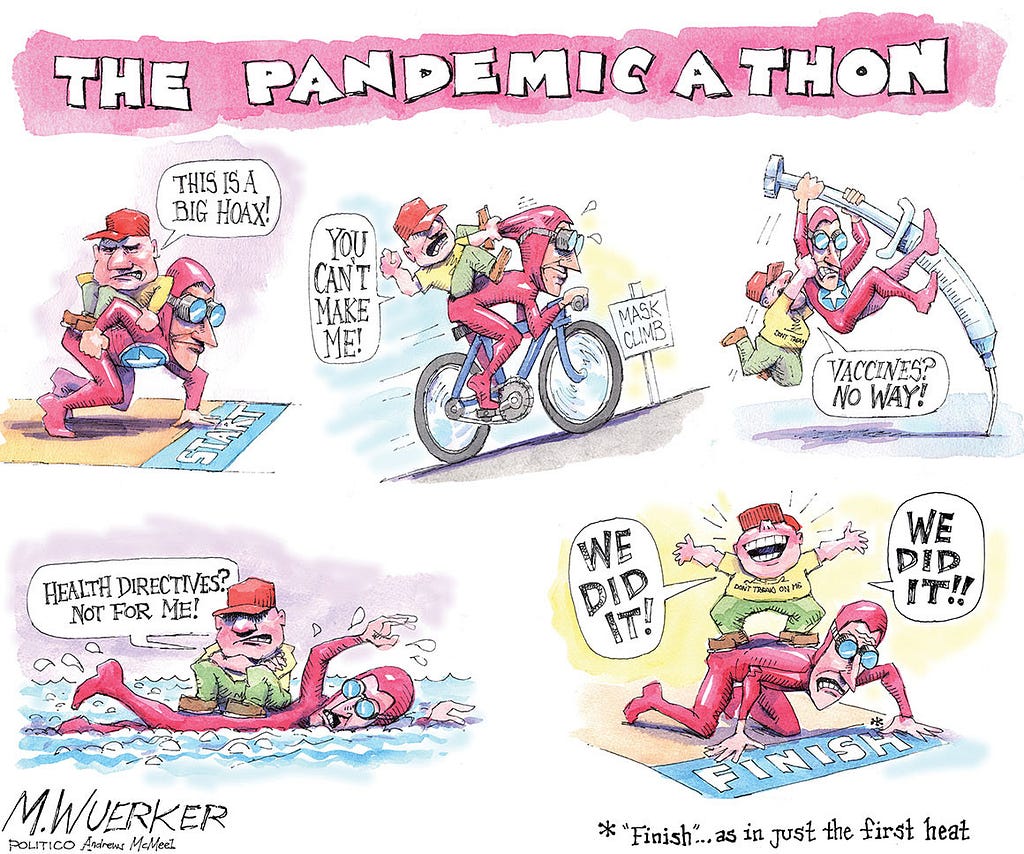 Frames show a man with MAGA hat on the back of Captain America as he runs, bikes and swims to the finish line which is the end of the pandemic with the punch line for both, “We did it!”