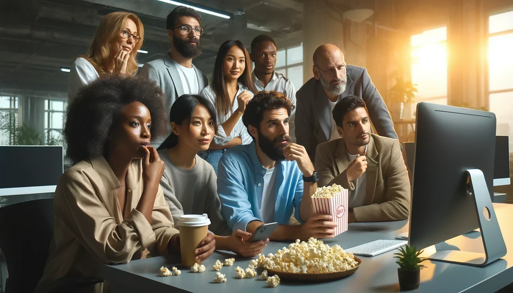 A group of men and women are gathered around a computer screen, eating popcorn and watching a video. They are in an office.