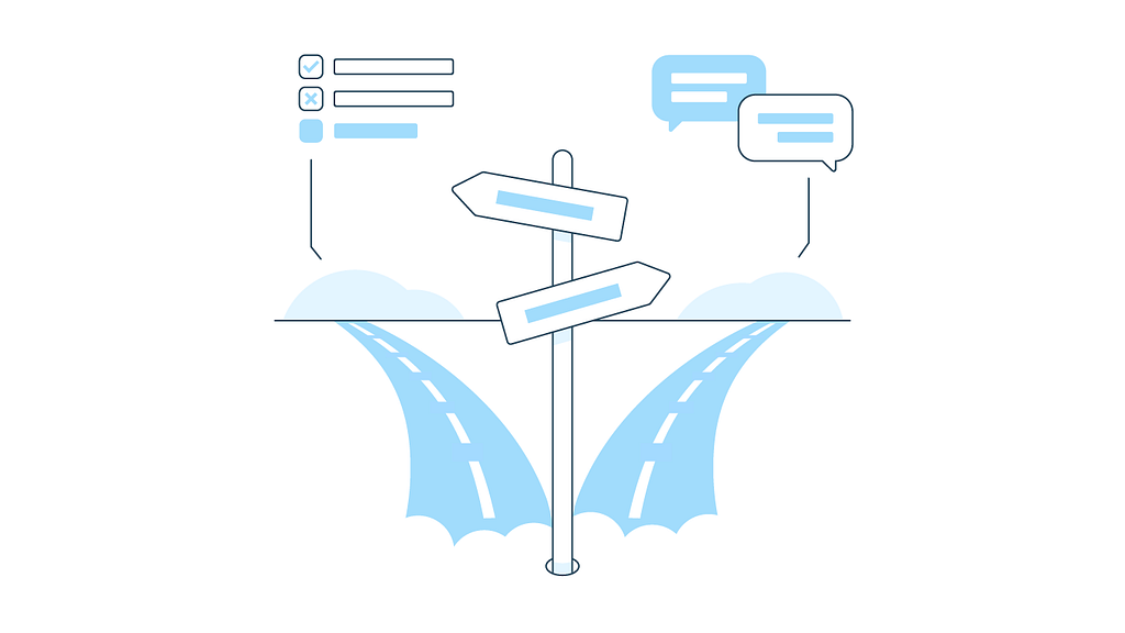 A drawing depicting a fork in the road. One path leads to bubbles emulating moderated research. The other path leads to a depiction of structured data symbolizing unmoderated research.