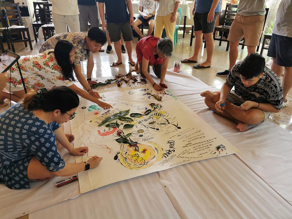 A group of people contributing to a grouop mural using paint and natural materials like leaves and flowers.