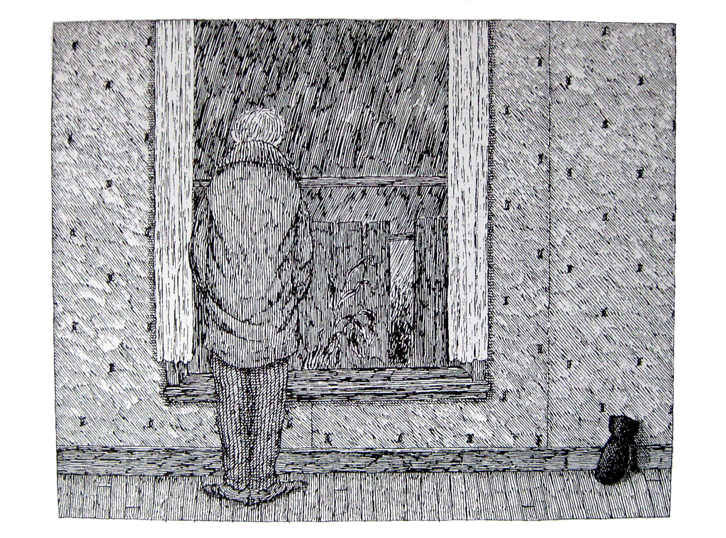 Illustration: He looked out the window Hopelessly, from The Glorious Nosebleed by Edward Gorey.