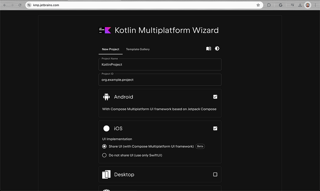 JetBrain’s Kotlin Multiplatform new project wizard
