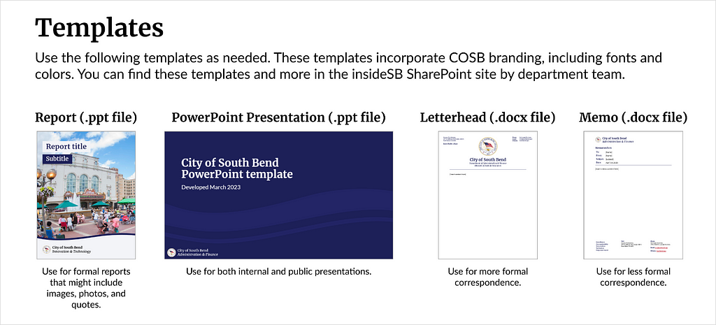 Row of screenshots of different South Bend templates