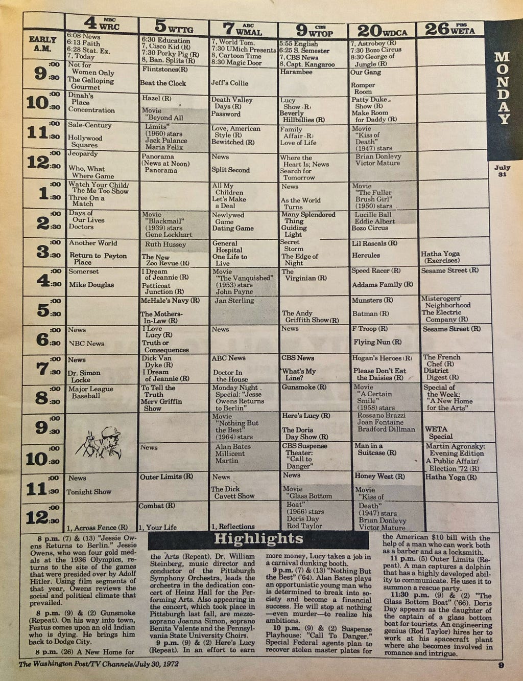 The page from a television guide from the 1970s is depicted. It is a tabular format with the hours of the day on the left, and the channels on the top of the page. Old time shows are depicted like the Andy Griffith Show, Speedracer and Batman.