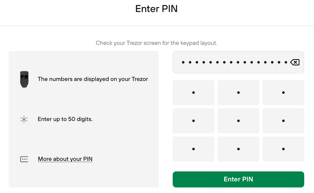 Pin entry screen for the Model One hardware wallet