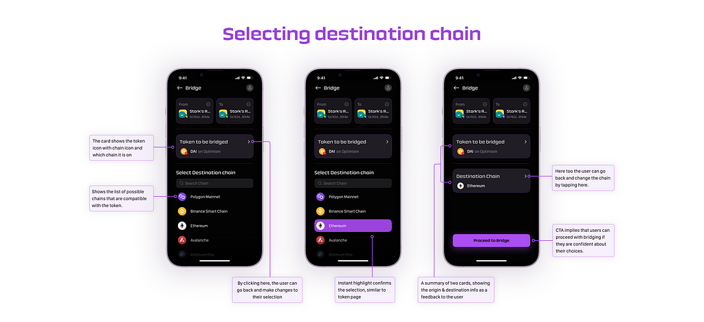 UI of Selecting destination chain to bridge the tokens