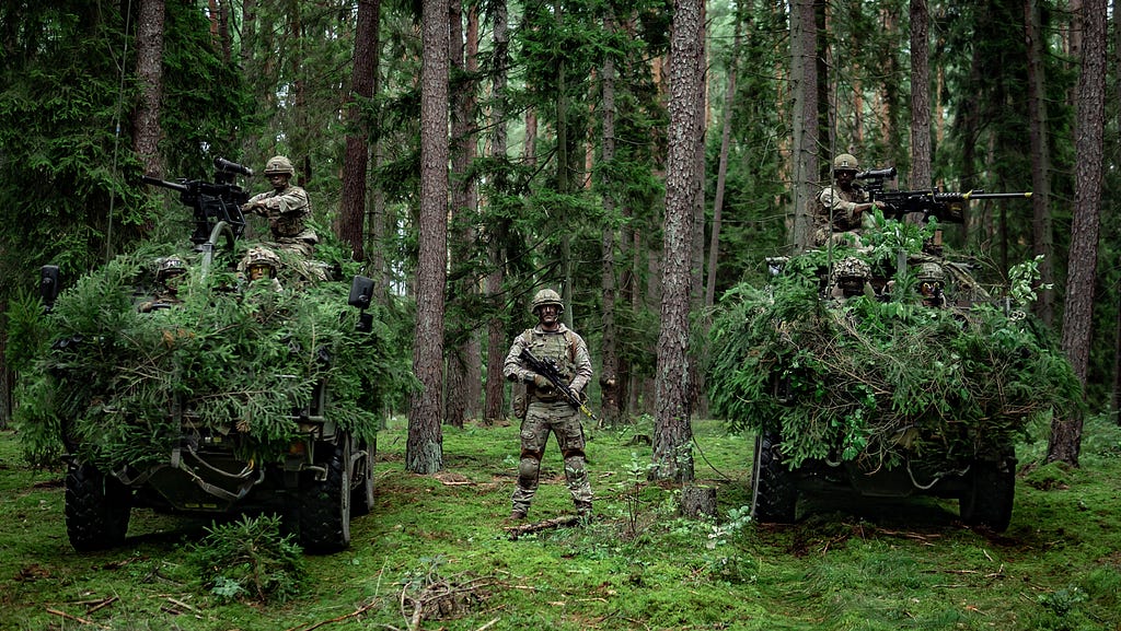 Pictured are soldiers from Legion Troop, C Sqn Light Dragoons and their camouflaged Jackal taking part in Exercise Masurian Lightning as OPFOR (playing enemy) for the U.S led Battlegroup Poland.