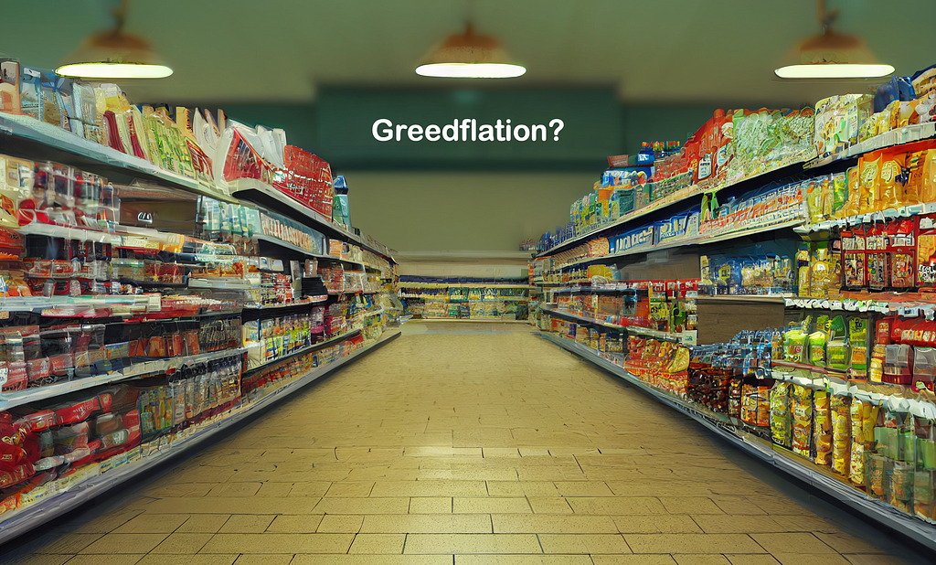 Photorealistic supermarket aisle with sign reading “Greedflation?” at the end.