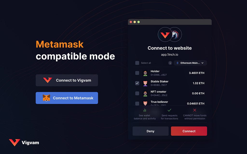 In this article, we will describe how Vigvam may be connected to any dapp by using Metamask.