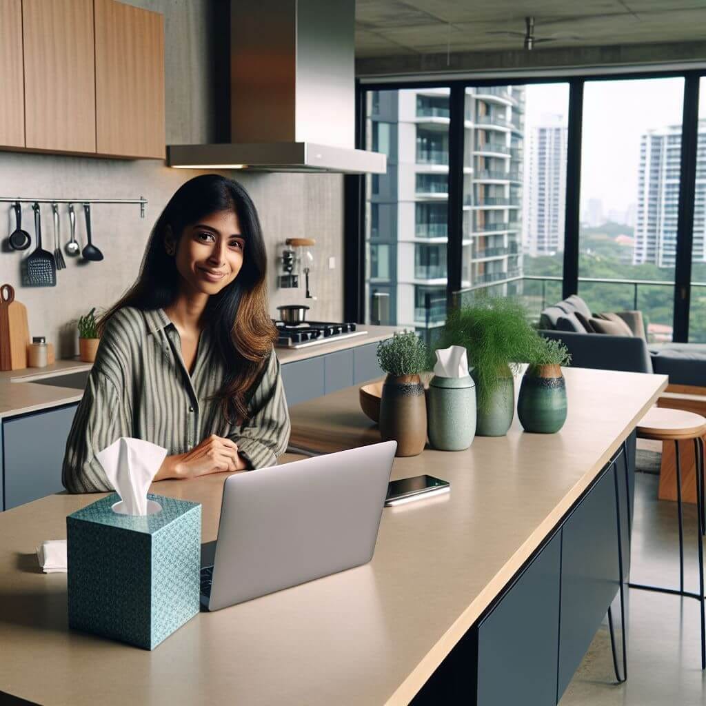 Maya researching the best herbs for allergies on her laptop in her urban apartment.