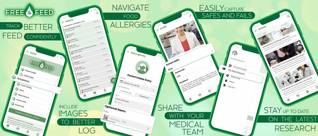 Screen images of Free to Feed food allergy app for tracking intake, symptomology, and more