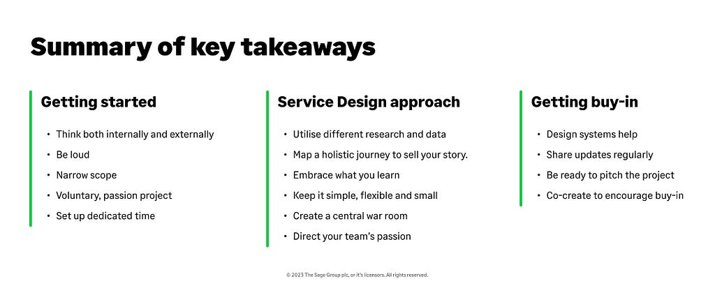 Summary of key project takeaways relating to Service Design
