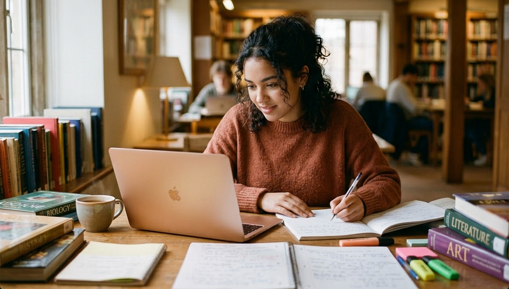 Photograph of a student studying at a desk with a laptop surrounded by textbooks and notes. The laptop screen shows a subtle glow suggesting AI-generated content. Natural lighting in a cozy setting. Anthony Menghi Mindlet https://www.mindlet.app