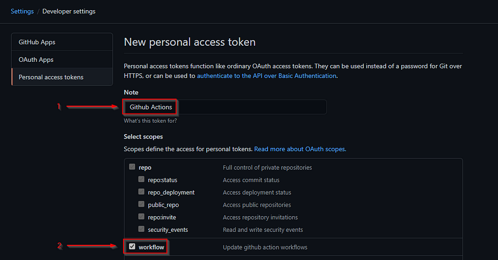 Generating a new personal access token.