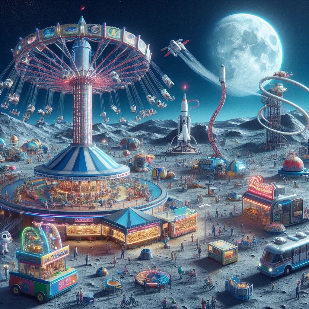 an amusement park on the moon with space themed rides, roller coasters, and food stands