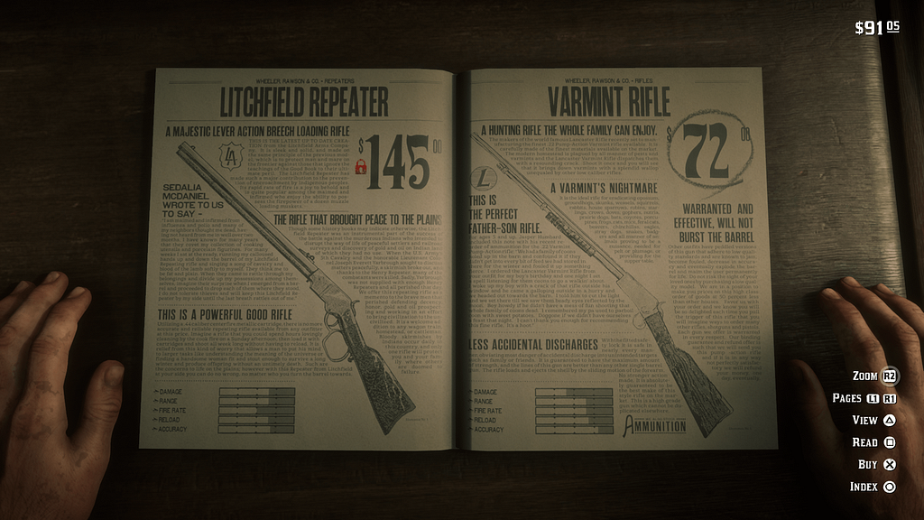 Weapon shop interface with catalog and control panel on the right