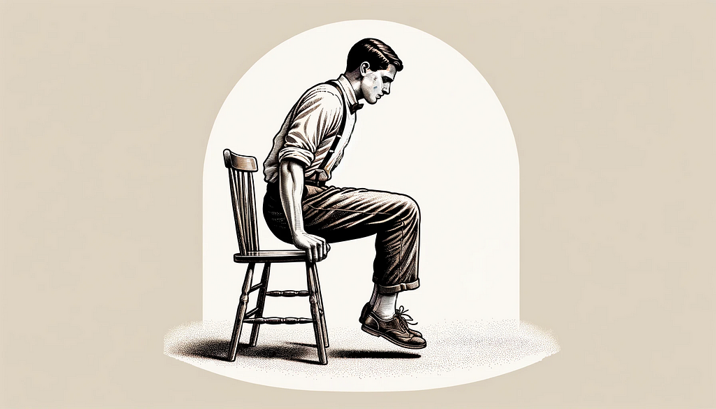 Illustrazione dettagliata di una persona che esegue dips su sedia, con entrambe le braccia e i piedi che toccano il pavimento, mostrata nel mezzo del movimento con il corpo abbassato e i gomiti piegati a 90 gradi.