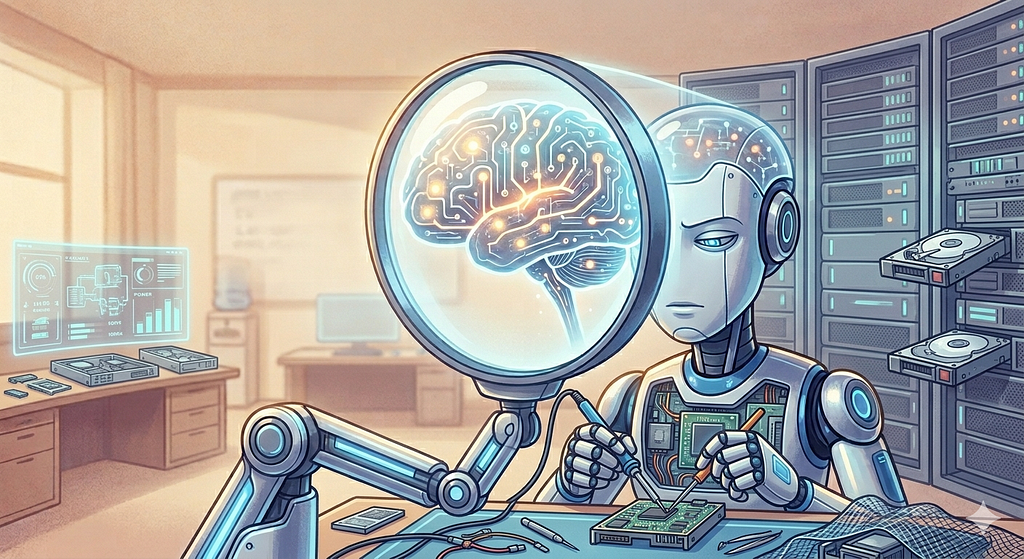 An illustrative style digital artwork from a first-person, over-the-shoulder perspective behind a sleek, metallic humanoid robot. The robot is sitting at a wooden desk, busy at work soldering components on a green circuit board with tools emitting small wisps of smoke. A giant magnifying glass hovers in the background directly behind the robot’s head, revealing an internal view of an illuminated, glowing electronic brain circuit. The surrounding environment is a soft-focused server room or tech