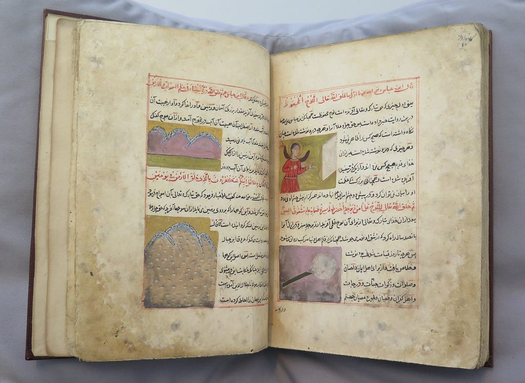 A Persian illuminated mansucript with 4 hand painted images amongst some text. The book is displayed open and the edges of the pages are stained a mottled grey and pink from historic and inactive mould damage.