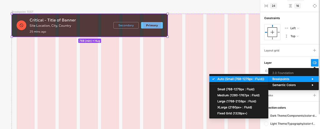Image showing a system banner UI component in Figma that has the mode set to Auto and not being defined.