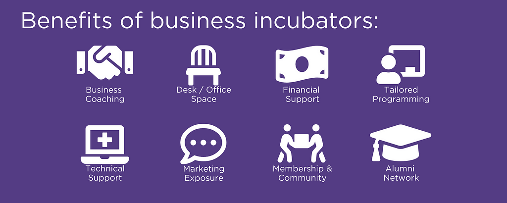 Benefits of business incubators: Business coaching; financial support; marketing exposure; membership & community; tailored programming; desk/office space; technical support; alumni network
