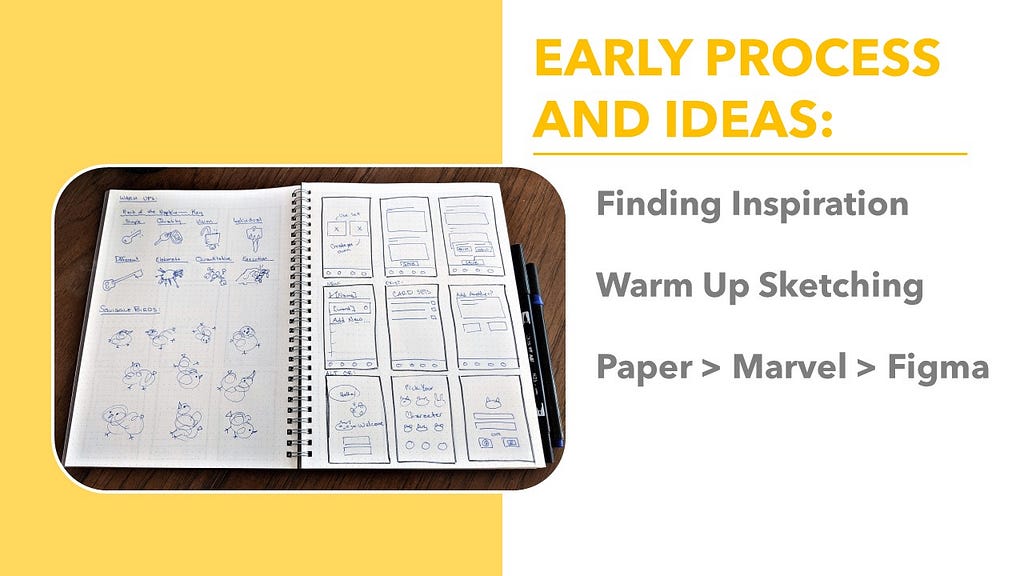 notebook with drawings of design mockups with written list on right side
