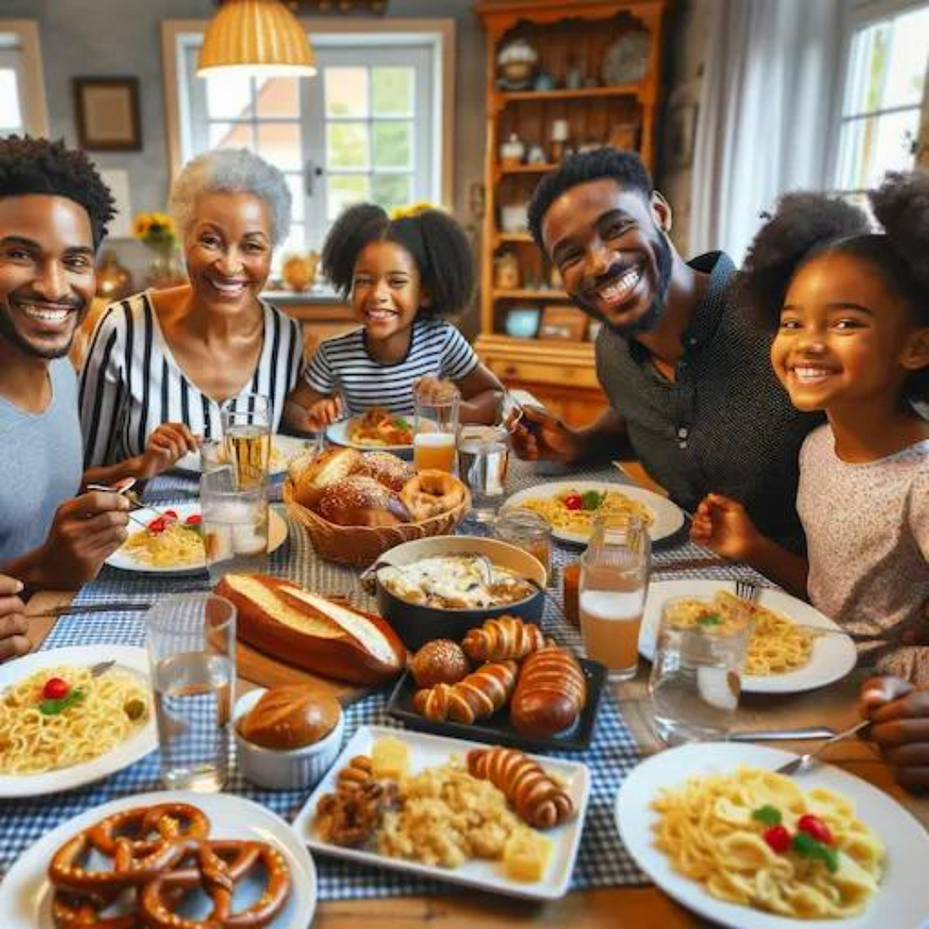 A happy German-American black family of five gathered around a dining table, enjoying a german meal.