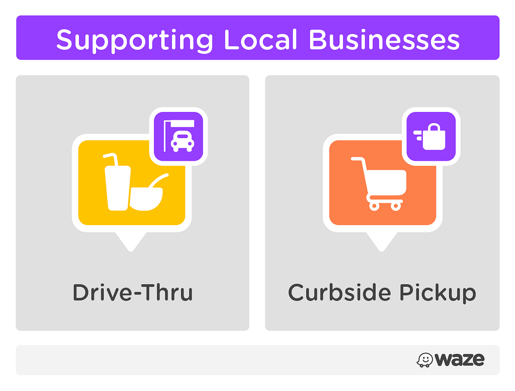 Supporting local businesses with unique badges to clearly show pick-up options, including drive-thru and curbside pickup