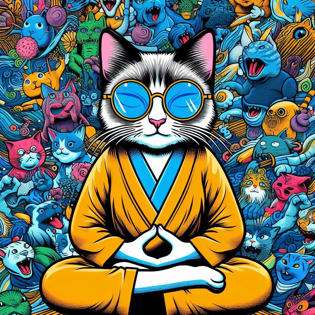 A bespectacled zen cat in a seated meditative pose, with a chaotic, colourful background full of badly-formed animations of warped creatures