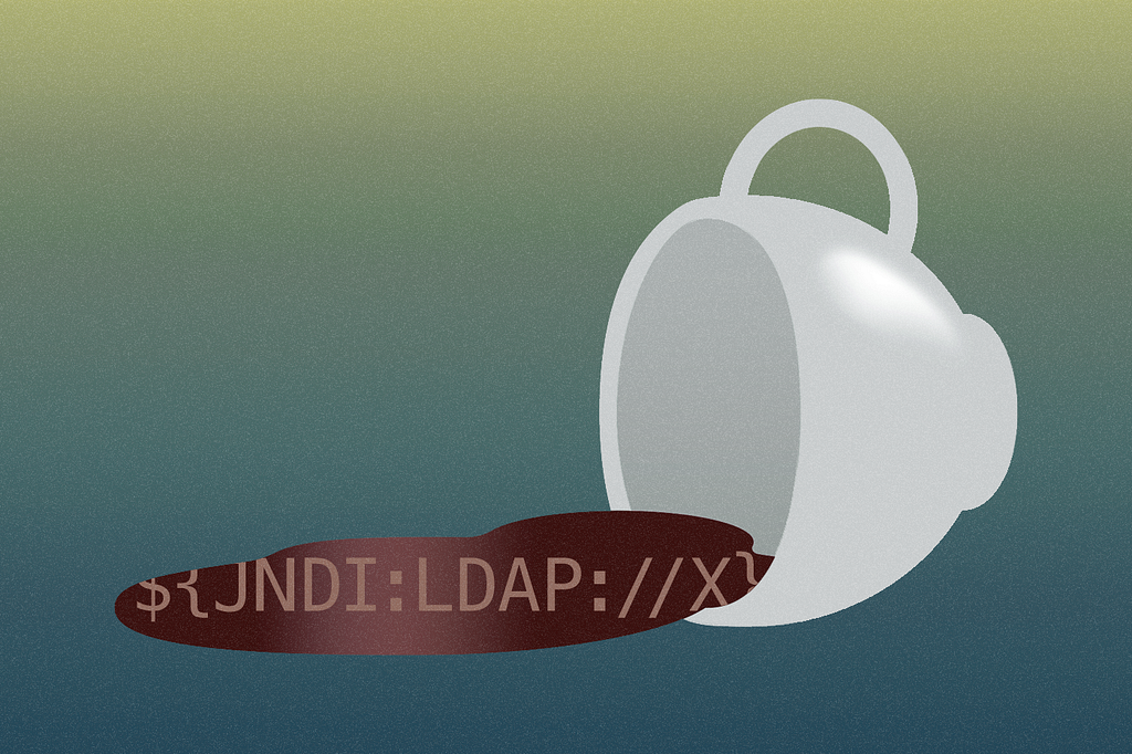 Illustration of a coffee cup spilling Log4j exploit code.