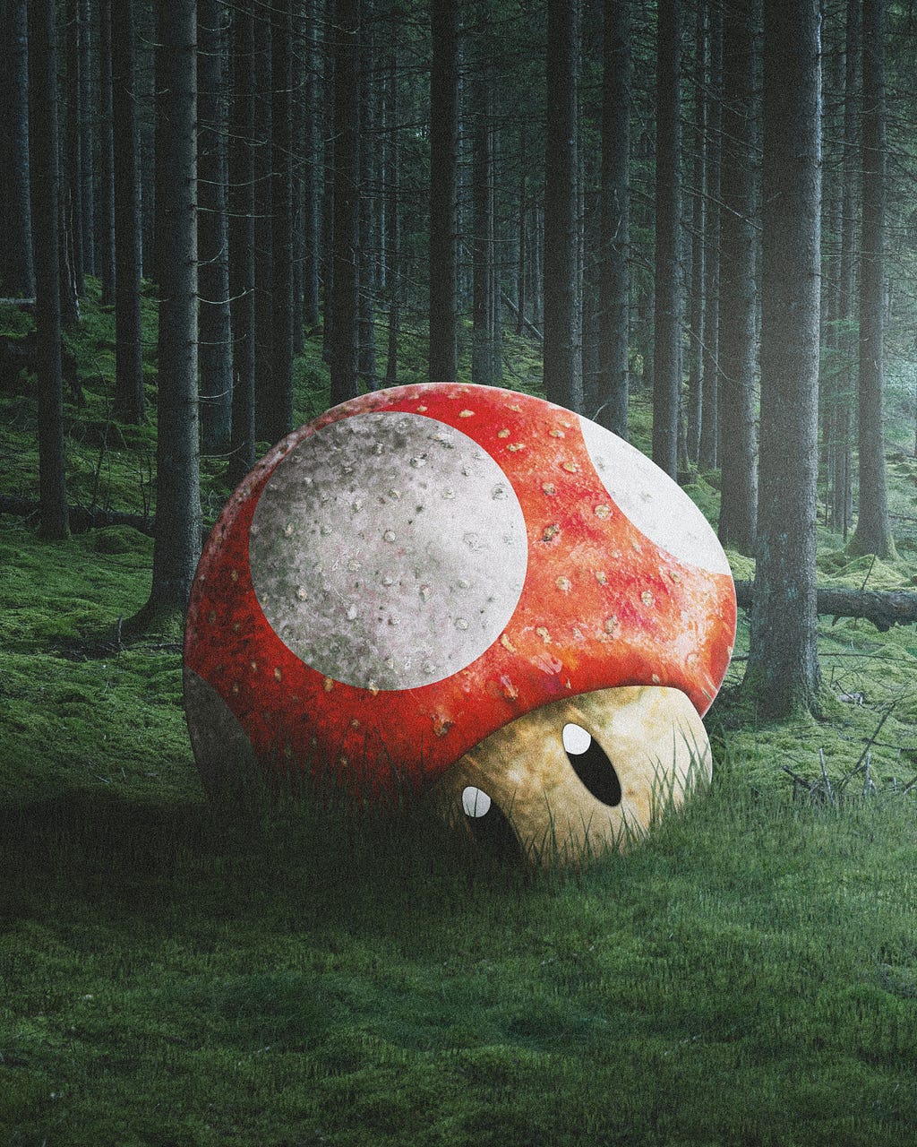 A giant mushroom from Mario Brothers sitting in a lush forest