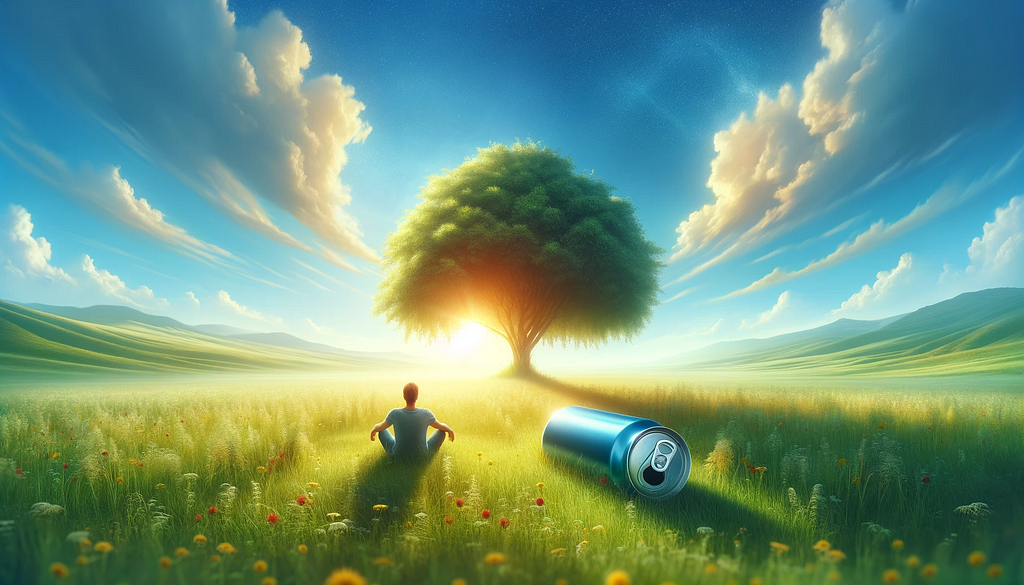 An AI generated image showing a man relaxing in field near a tree, with a can of energy drink behind him.