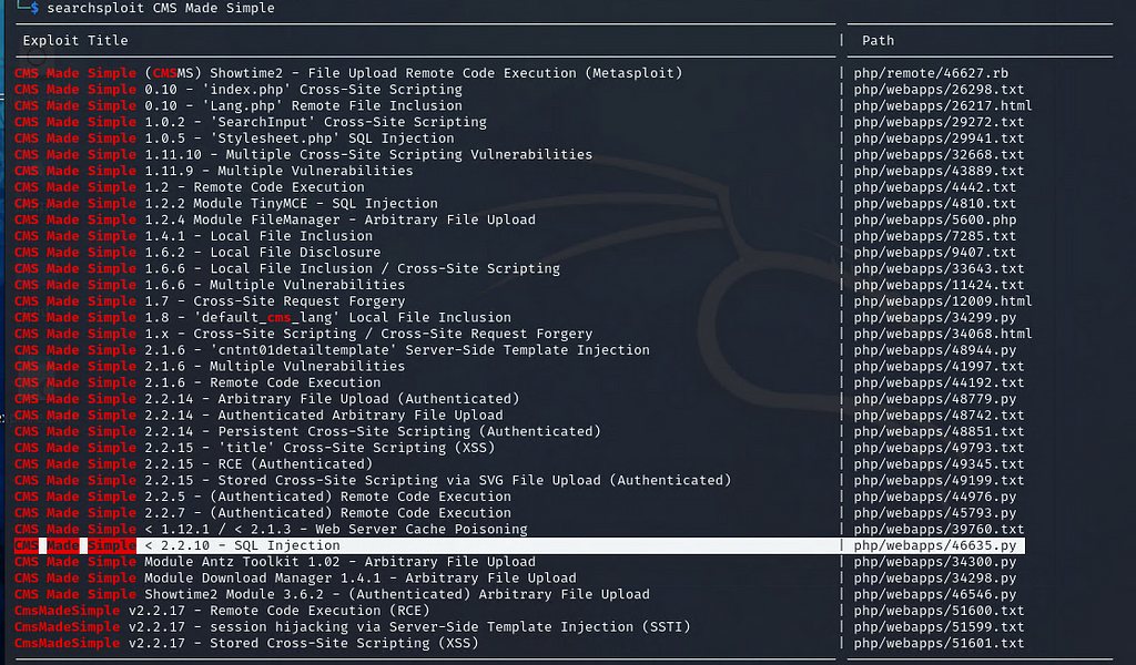 A screenshot displaying the searchsploit results, highlighting the found exploit.