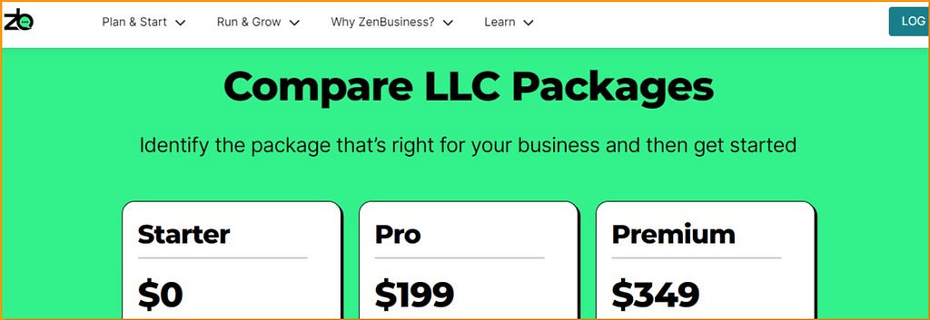ZenBusiness Pricing Plans Page