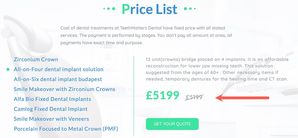 Price on a dentist website showing no difference between old and new prices.