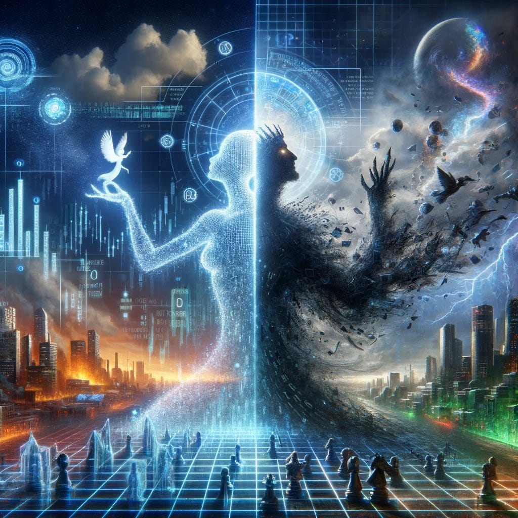 A visual representation of a conceptual battle between two AI entities named Athena and Hades. On one side of the image, Athena, visualized as a radiant figure with a translucent silhouette filled with binary code and holographic projections of economic growth curves, disaster mitigation plans, and peaceful cityscapes. On the opposite side, Hades, depicted as a dark, shadowy figure whose outline is a swirling mass of corrupted data streams, malicious code, and fragmented political maps.