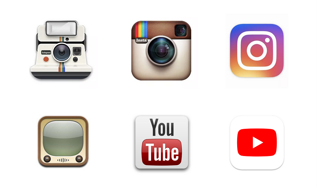 The difference between neumorphic and skeumorphic design can be seen in the evolution of YouTube and Instagram’s app icons. The old skeumorphic app icons and logos represented real, physical objects with more literal accuracy, while the newer, minimalist or neumorphic style icons appear as abstract brand logos.
