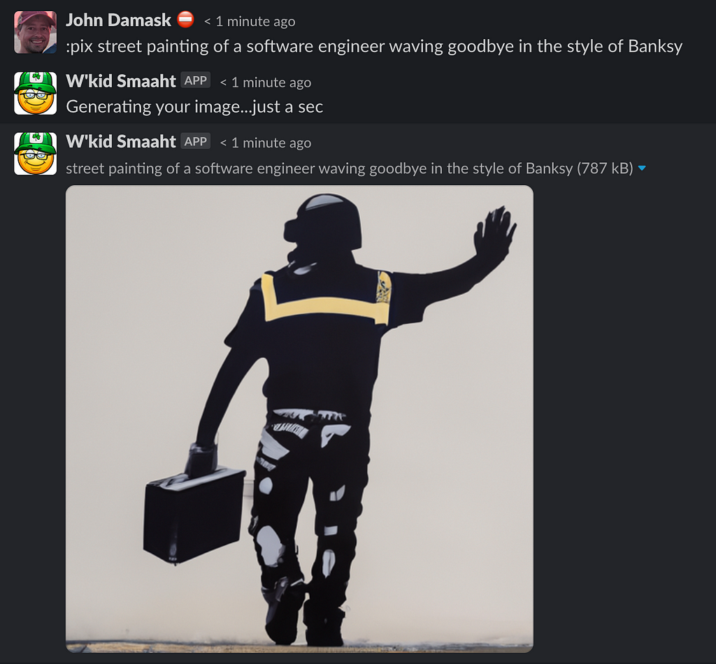 Screenshot of a W’kid Smaaht-generated image from the prompt, “street painting of a software engineer waving goodbye in the style of Banksy”