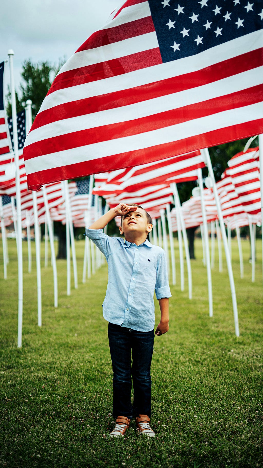 Kid saluting dozens of American flags in a field.
