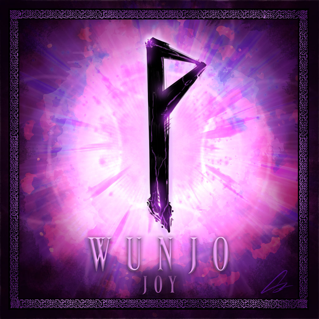 Digital artwork of the Rune Wunjo, featuring mostly a light purple colour and the runic shape in the middle.