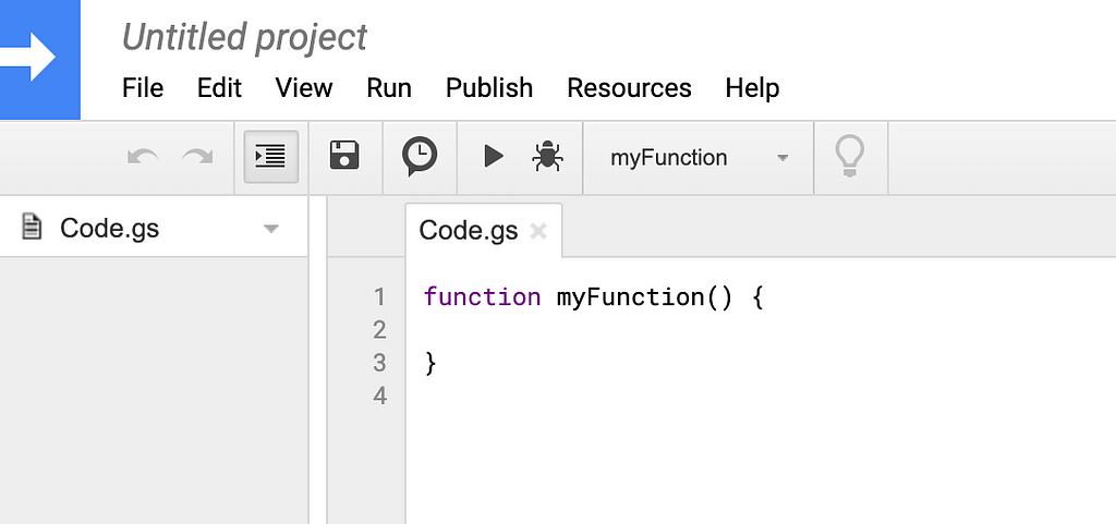 Screenshot of the newly created Google Scripts project.