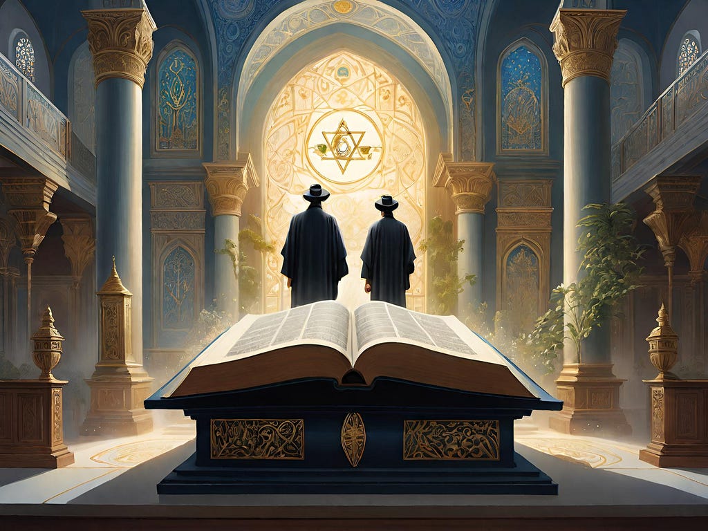 Jewish synagogue, the Torah in the foreground and two Jewish men gazing at the Star of david in the distance.
