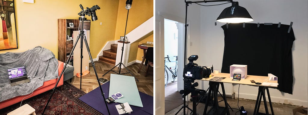 Photographic diptych, both images show a photographic studio set up in domestic home settings. The image on the left shows objects set up on a background resting on the floor with a camera on a tripod and a studio light on a stand. The image on the right shows a temporary table top over which a studio light is suspended and a camera mounted on a tripod rests in the foreground. In the backgroudn through an open door a bicycle can been seen in a hallway.