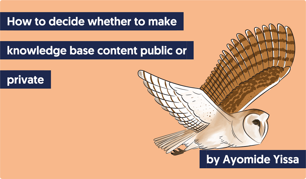 A drawing of a white barn owl flying with this text: How to decide whether to make knowledge base content public or private — by Ayomide Yissa