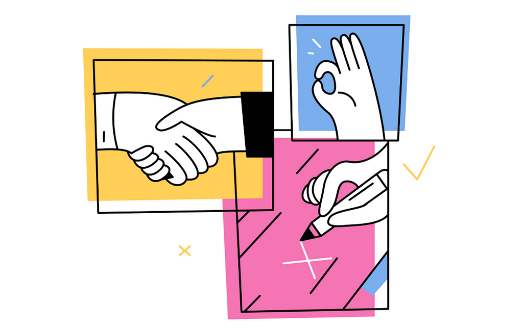 An illustration showcases three distinct actions: A handshake on a yellow background signifies agreement; a raised hand with fingers forming an “OK” sign on a blue background indicates approval; and a hand holding a pencil, poised to write or draw on a pink surface, suggests creation or documentation. The overall image conveys gestures of agreement, approval, and action.