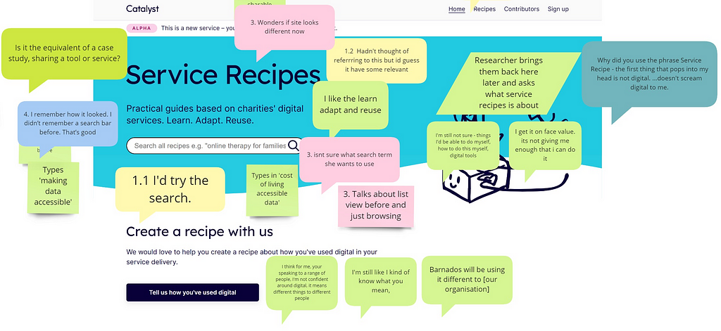 A screenshot fo the Service Recipes homepage with lots of postit notes of people’s comments and experience when they tested the site.